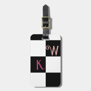 Black and White Check Two Initials Monogram Luggage Tag