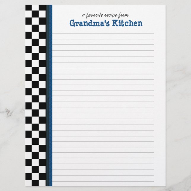 Black and White Check with Blue Accent Recipe Page (Front)