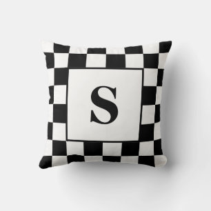 Black and White Checked Check Pattern w/ Initial Throw Pillow