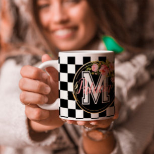 black and white checkerboard Floral pink monogram Coffee Mug