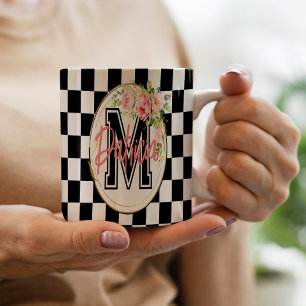 black and white checkerboard pink Floral monogram Coffee Mug