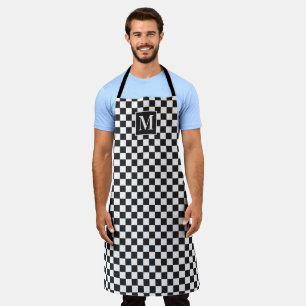 Black And White Checkered Checkerboard Monogram Apron