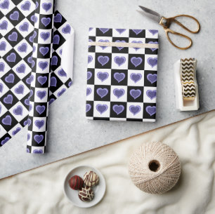 Black and white checkered pattern, purple hearts wrapping paper