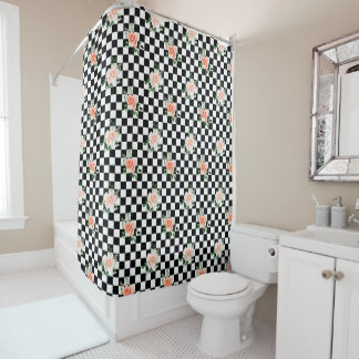 Black and White Checkered & Pink Rose Print
