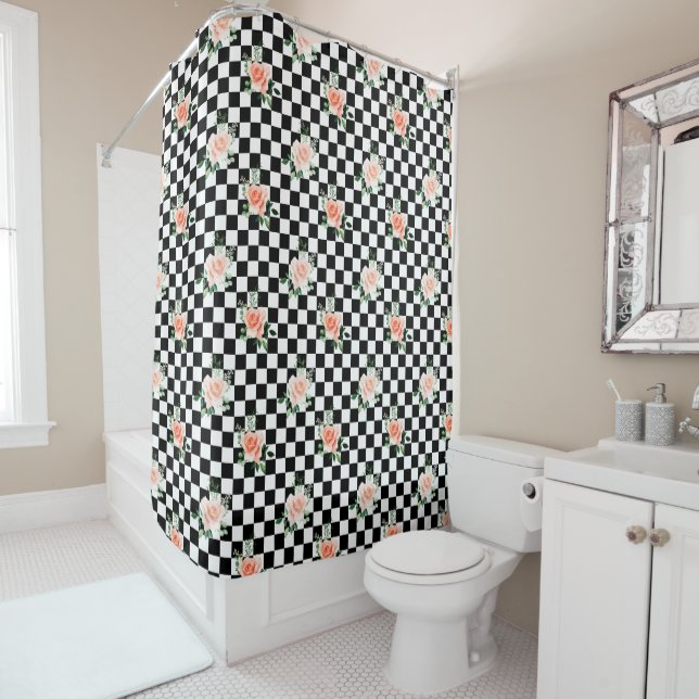 Black and White Checkered & Pink Rose Print (In Situ)