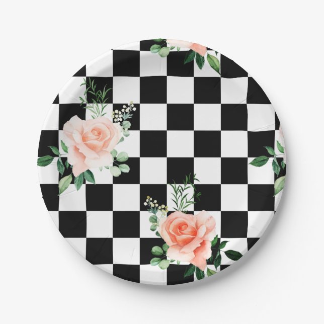 Black and White Checkered & Pink Rose Print Paper Plate (Front)