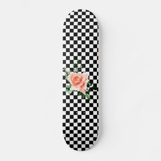 Black and White Checkered & Pink Rose Print Skateboard (Front)