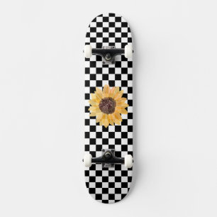 Black and White Checkered & Sunflower Print Skateboard
