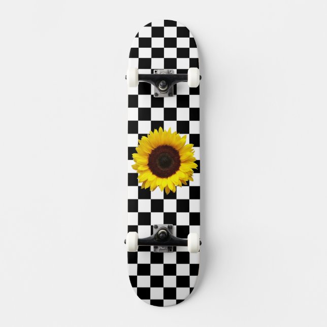 Black and White Checkered & Sunflower Print Skateboard (Front)
