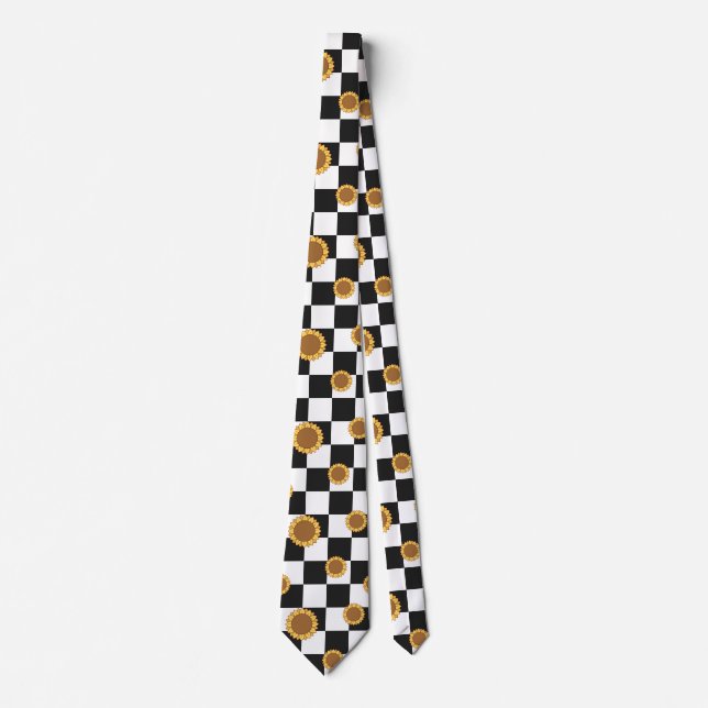 Black and White Checkered & Sunflower Print Tie (Front)