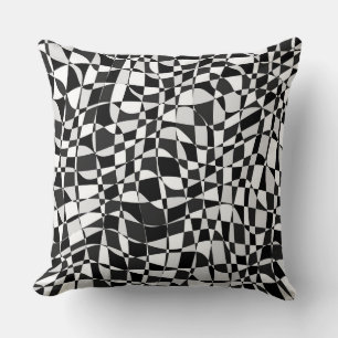 Black and White Checkered Warp Pattern Throw Pillow