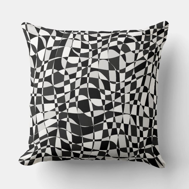 Black and White Checkered Warp Pattern Throw Pillow (Front)