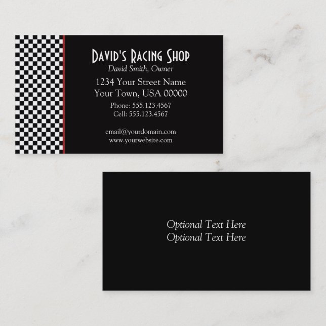 Black and White Checks Red Stripe Business Card (Front/Back)