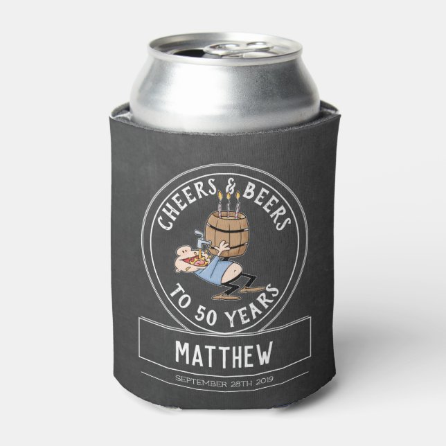 Black And White Cheers And Beers 50th Birthday Can Cooler (Can Front)
