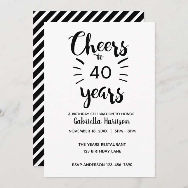 Black and White Cheers to 40th Birthday Invitation (Front/Back)