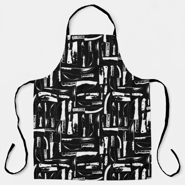 Black And White Chef Or Butchers Knives Patterned Apron (Front)