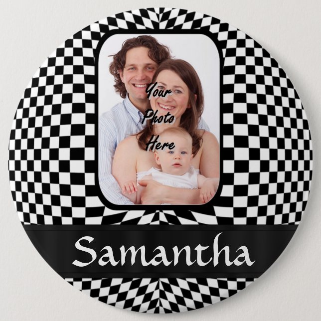 Black and white chequerboard 6 inch round button (Front)