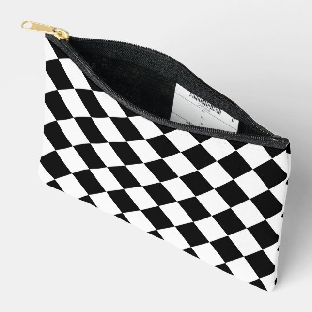 Black And White Chequerboard Chequered Flag Design Accessory Pouch (Open)