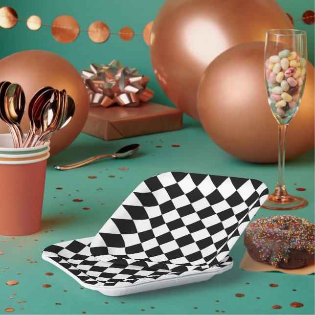 Black And White Chequerboard Chequered Flag Design Paper Plate (Multi)