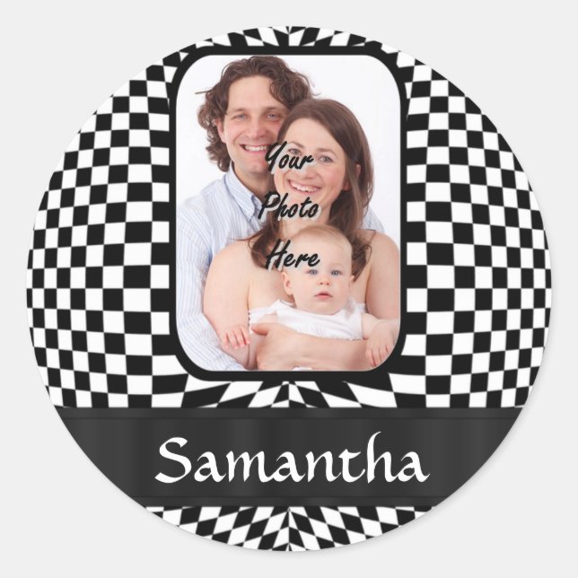 Black and white chequerboard classic round sticker (Front)
