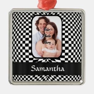 Black and white chequerboard metal ornament