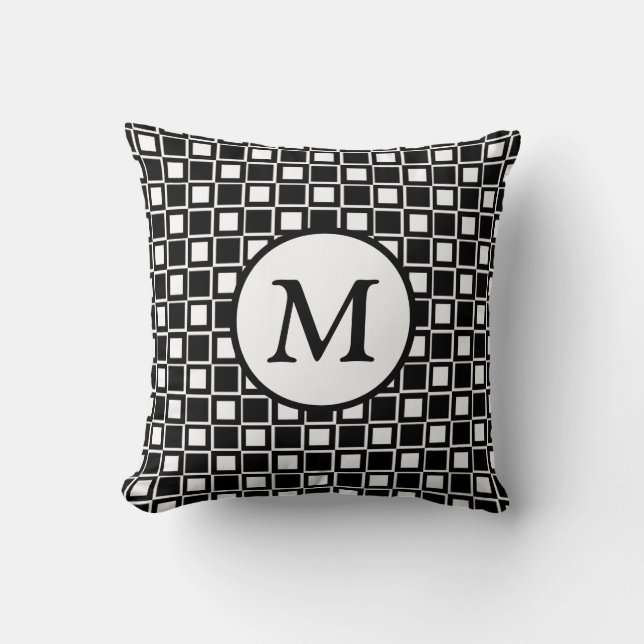 Black and White Chequerboard Monogram Throw Pillow (Front)