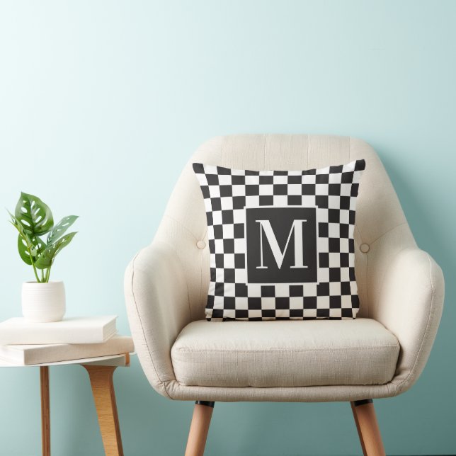 Black And White Chequerboard Pattern Monogram Throw Pillow (Chair)