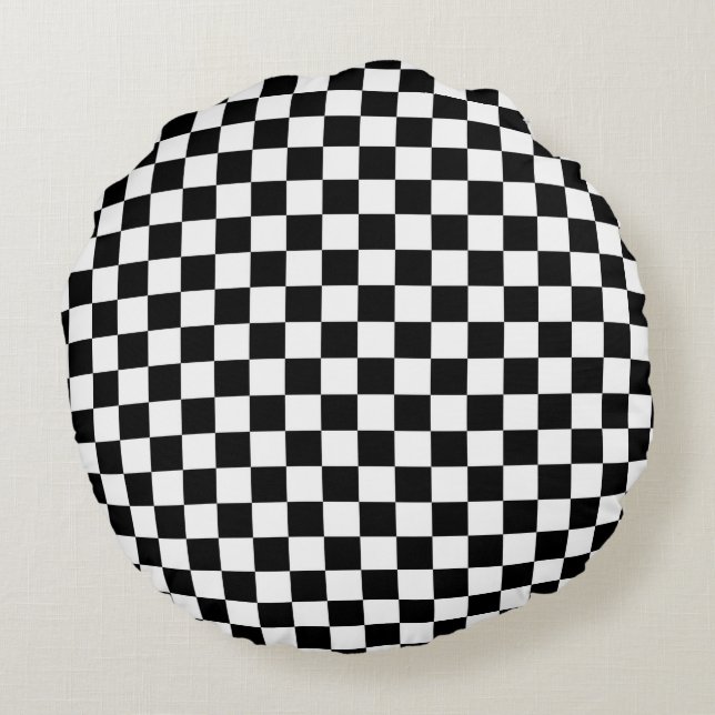 Black and White Chequerboard pattern Round Pillow (Back)