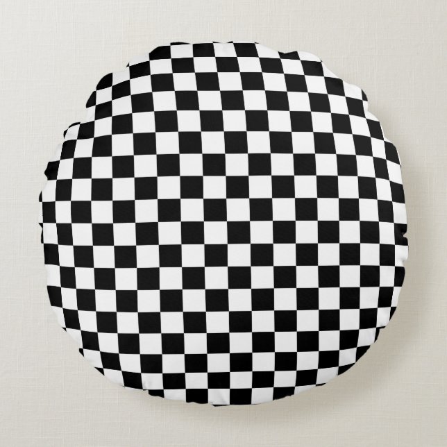 Black and White Chequerboard Round Pillow (Front)