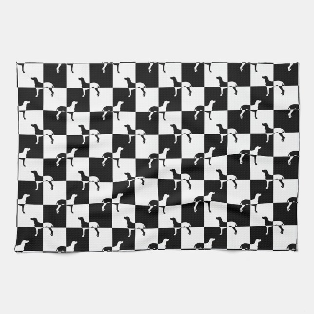 Black and White Chequerboard Weimaraner Kitchen Towel (Horizontal)