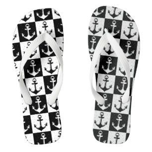 Black and White Chequered Anchor Flip Flops