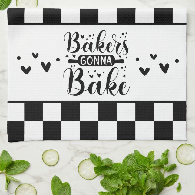 Black and White Chequered Baker's Gonna Bake Kitchen Towel (Folded)