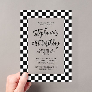 Black and White Chequered Border 21st Birthday Acrylic Invitations