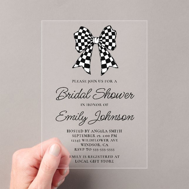 Black and White Chequered Bow Bridal Shower Acrylic Invitations (Insitu (Handheld))