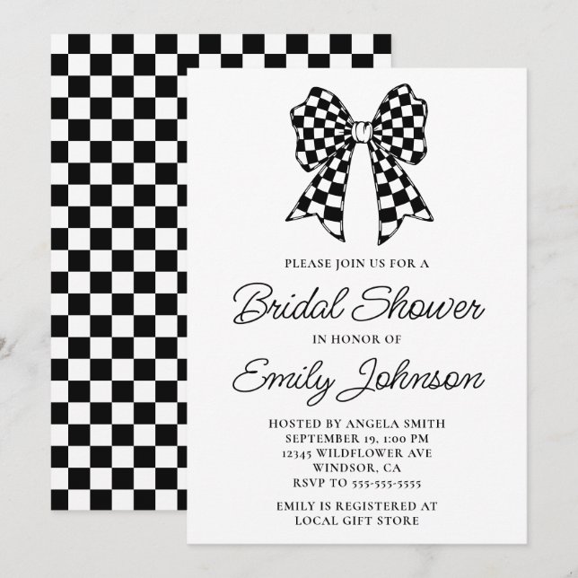 Black and White Chequered Bow Bridal Shower Invitation (Front/Back)
