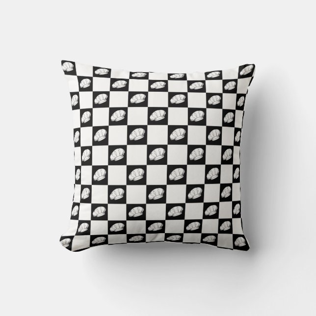 Black and White Chequered Chefs Hat Foodie Throw Pillow (Front)