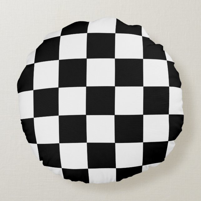 Black And White Chequered Chequerboard Pattern Round Pillow (Back)