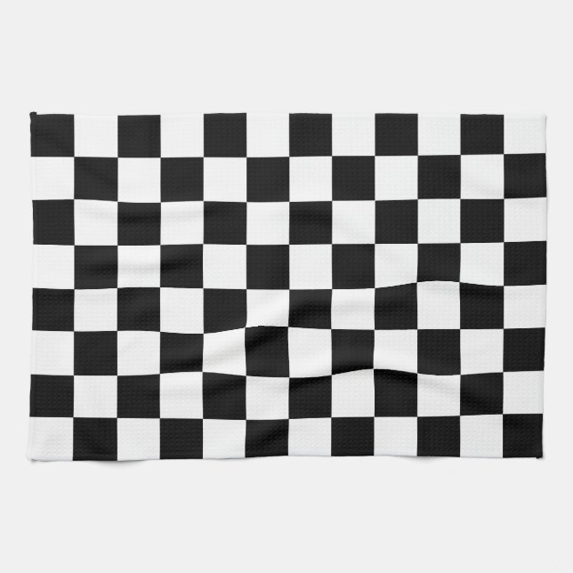 Black and White Chequered Chess Retro Kitchen Towel (Horizontal)