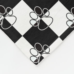 Black and White Chequered Dog Paw Fleece Blanket
