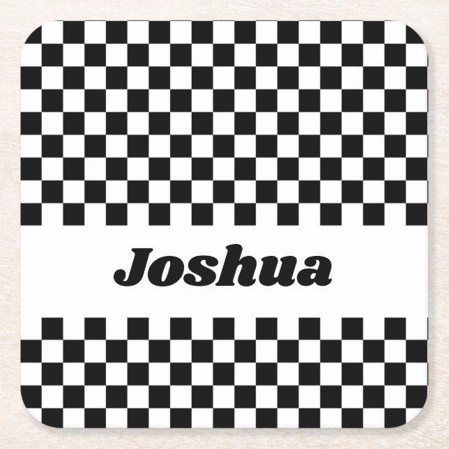 Black and White Chequered Flag Square Paper Coaster (Front)