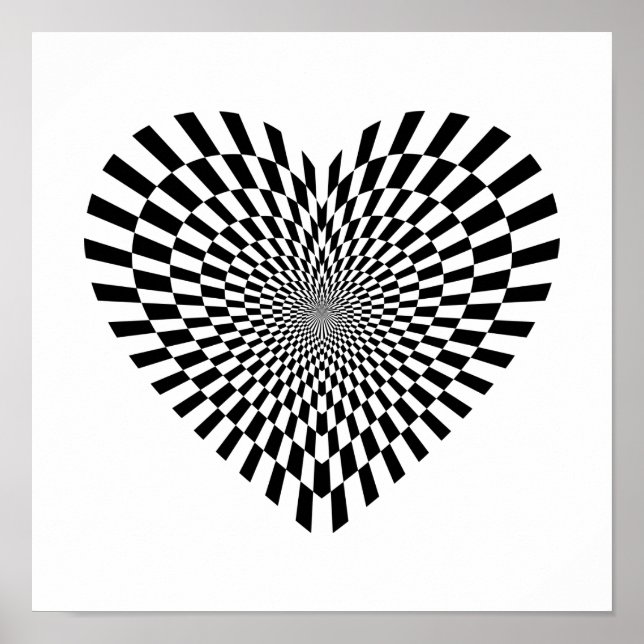 Black and White Chequered Heart Optical Illusion Poster (Front)