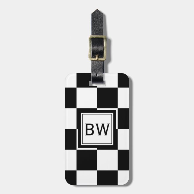 Black and White Chequered Luggage Tag (Front Vertical)
