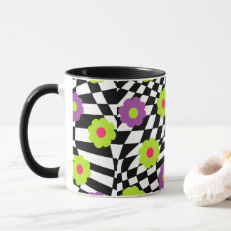 Black and White Chequered Mug With Flowers