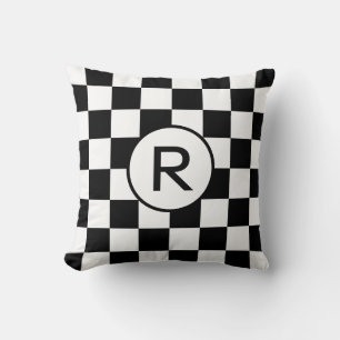 Black and White Chequered Pattern, Custom Monogram Throw Pillow