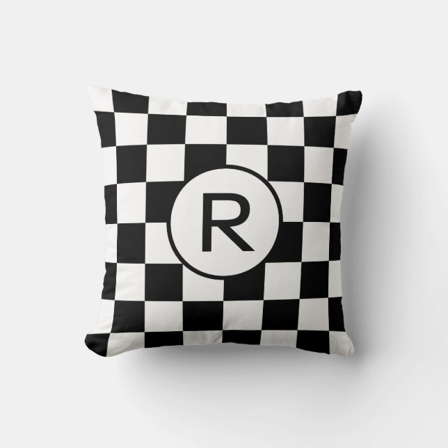Black and White Chequered Pattern, Custom Monogram Throw Pillow (Front)