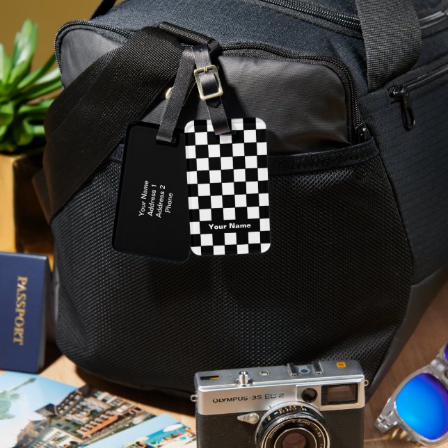 Black and White Chequered Pattern Luggage Tag (Front & Back)