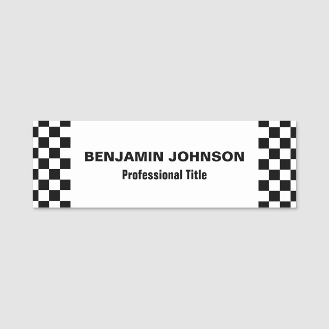 Black and White Chequered Pattern Name Tag (Front)