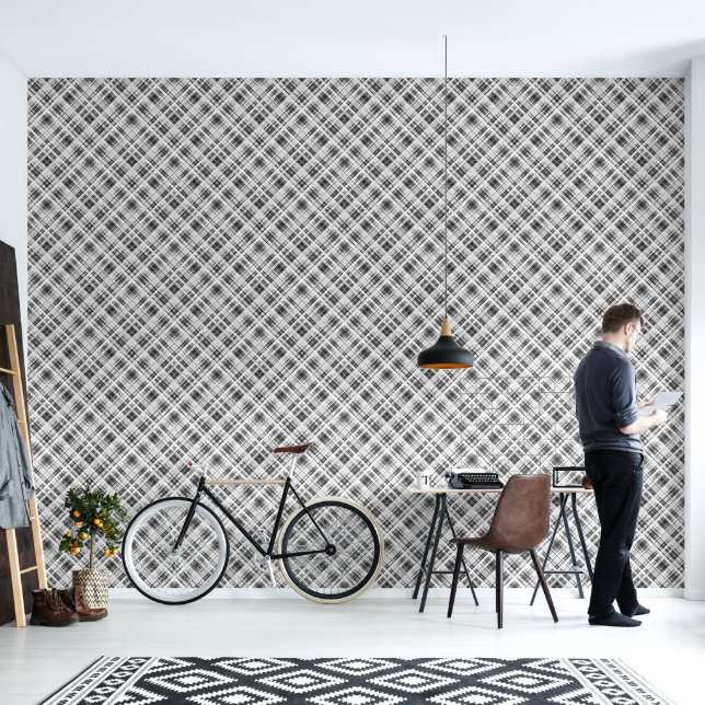 Black and white chequered pattern print wallpaper (Living Room)