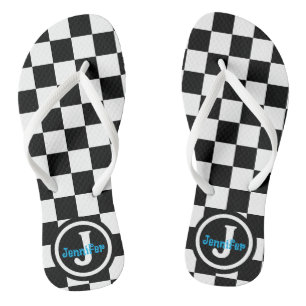 Black and White Chequered Personalized Flip Flops