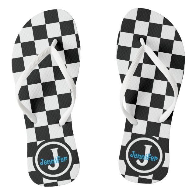 Black and White Chequered Personalized Flip Flops (Footbed)